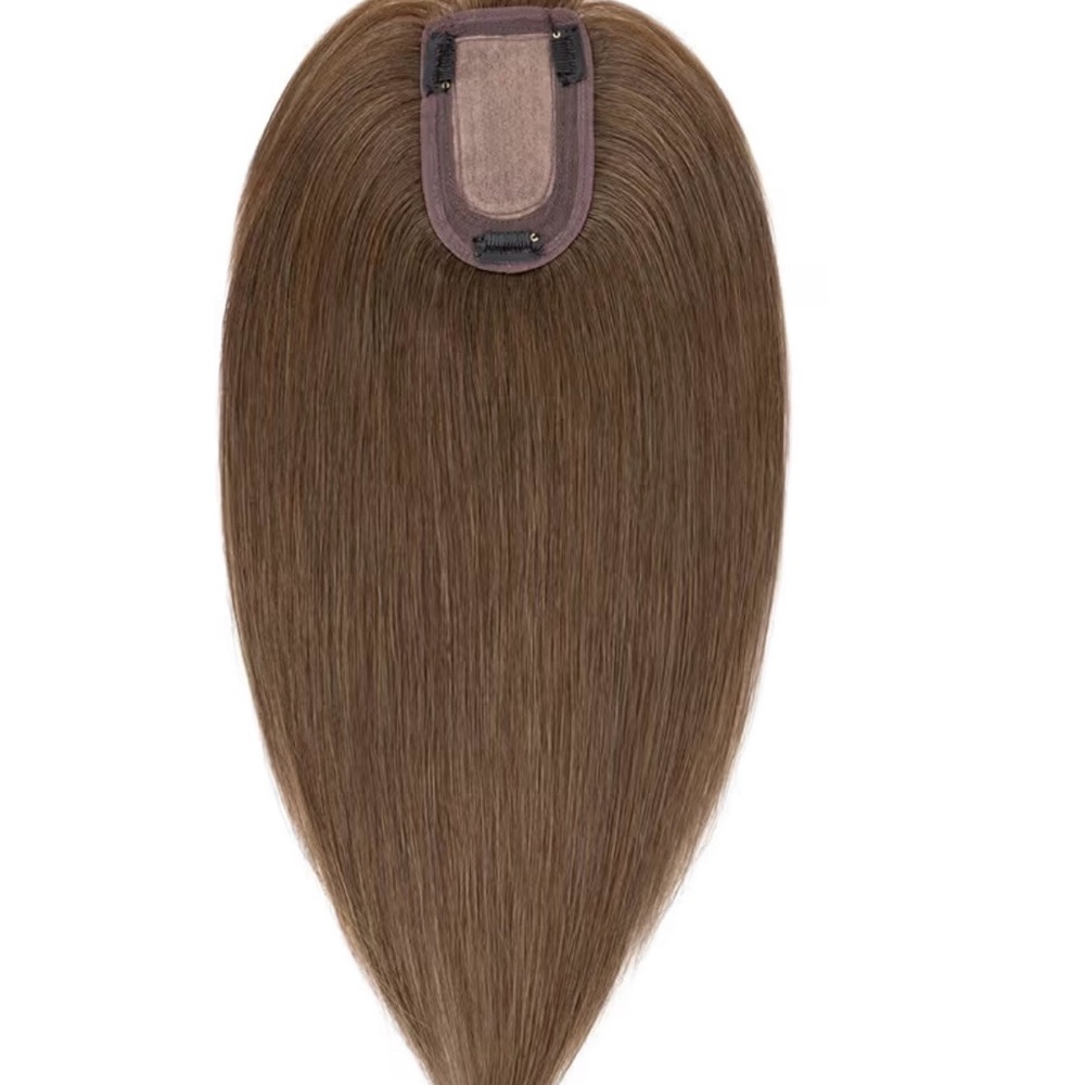 Hair Topper Real Human Hair with Bangs 7 * 13CM Silk Base with Lace 10”Med.Brown - Picture 2 of 10